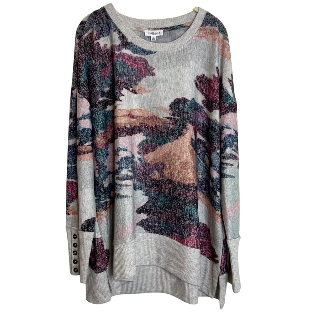 Westbound Woman Lightweight Sweater 1X Multicolor Abstract Print Button Cuff